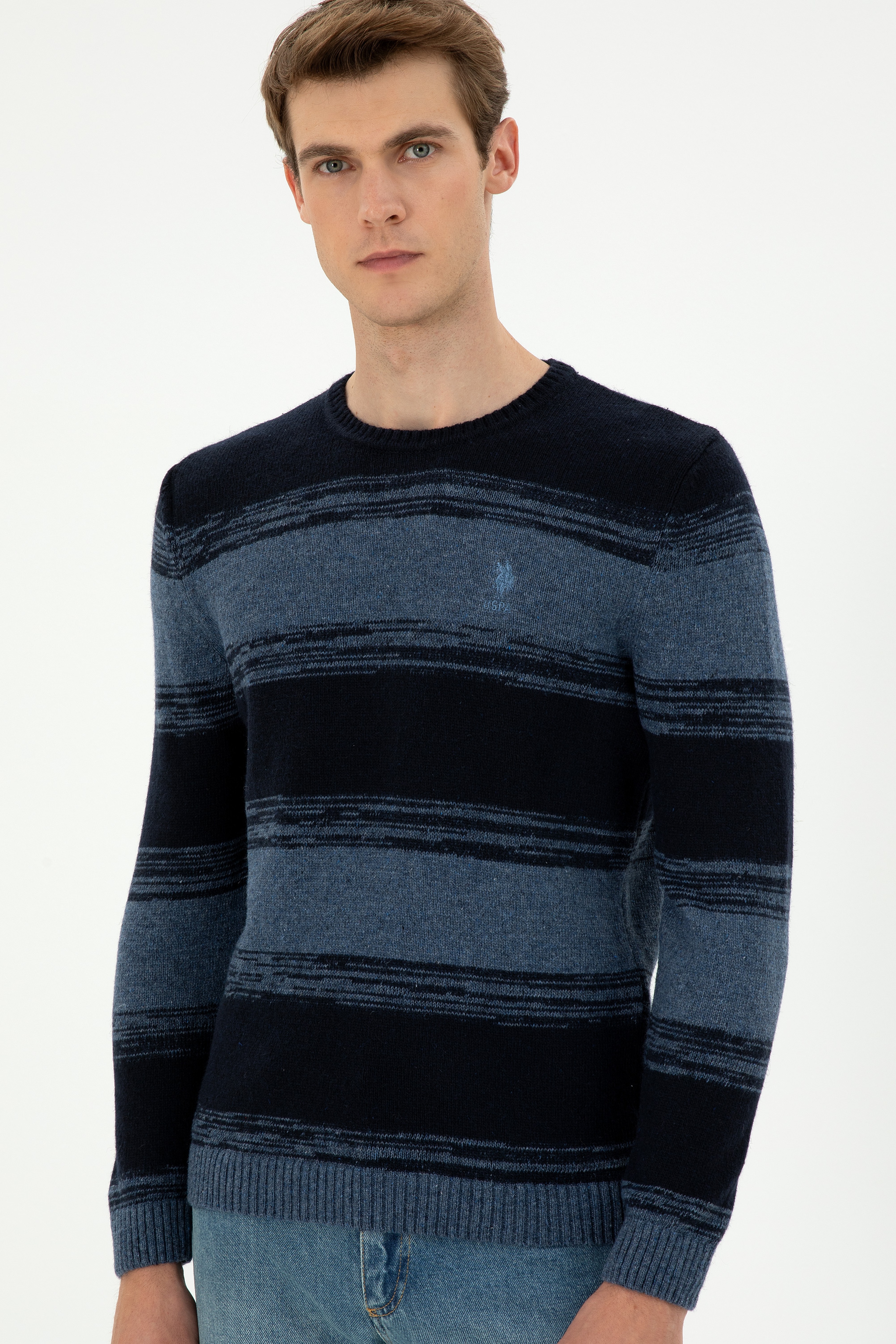 Erkek Slim Fit Bisiklet Yaka Saks Kazak - Image 3