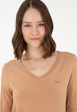 Kadın Camel V Yaka Sweatshirt - 50289542128