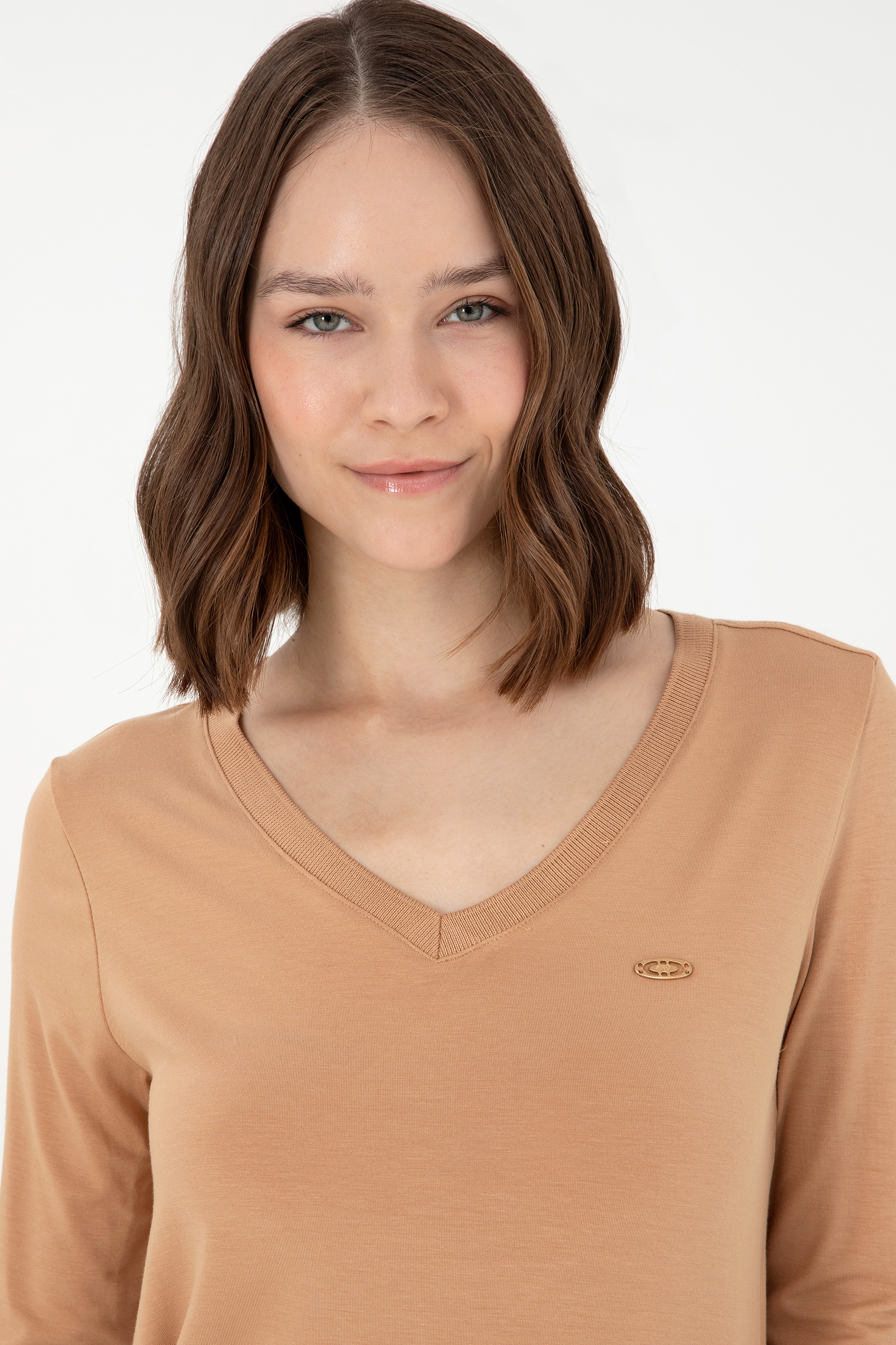 Kadın Camel V Yaka Sweatshirt - Image 2
