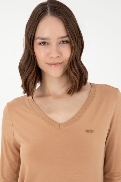 Kadın Camel V Yaka Sweatshirt