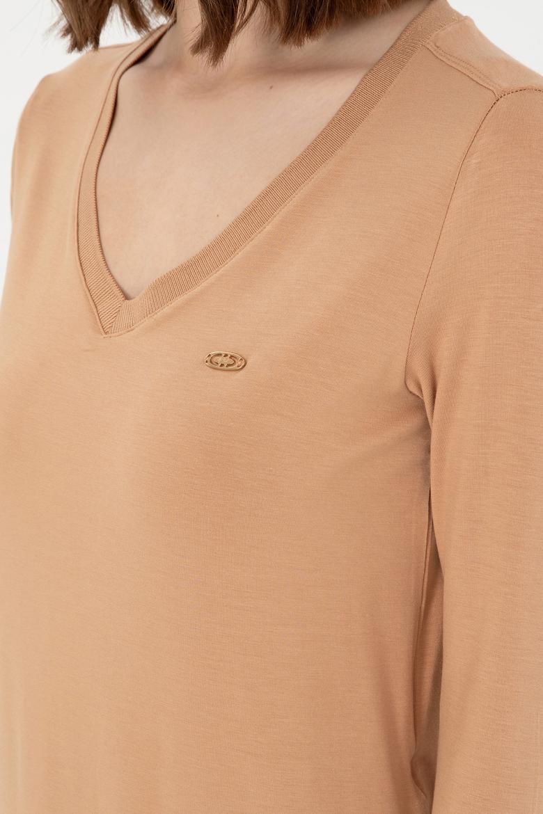 Kadın Camel V Yaka Sweatshirt - 50289542128