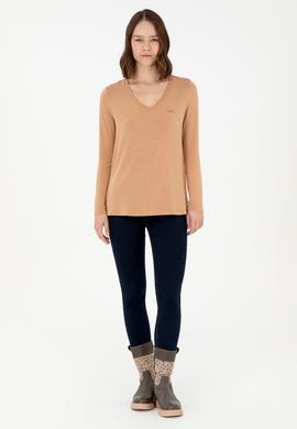Kadın Camel V Yaka Sweatshirt - 50289542128