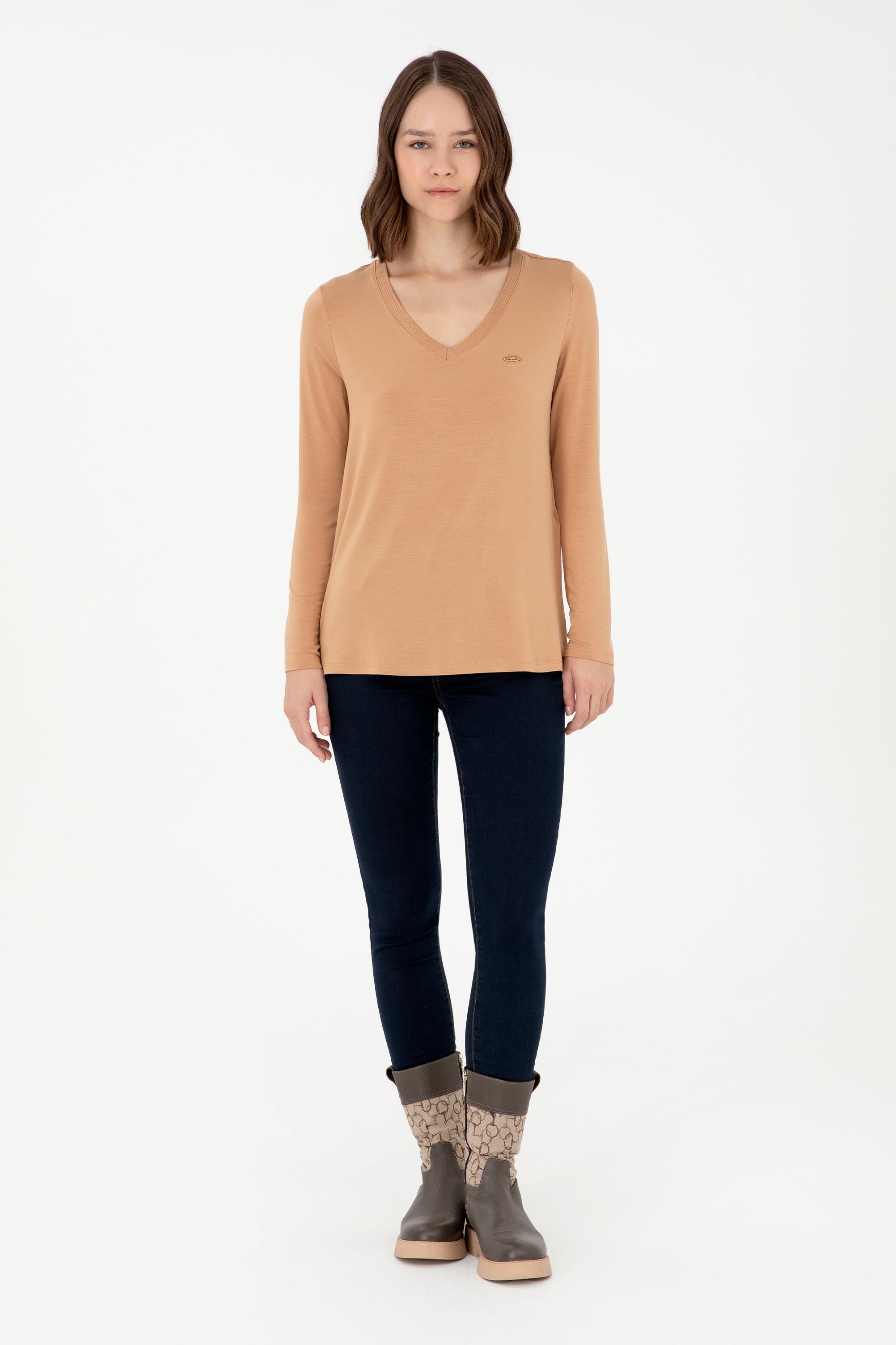 Kadın Camel V Yaka Sweatshirt