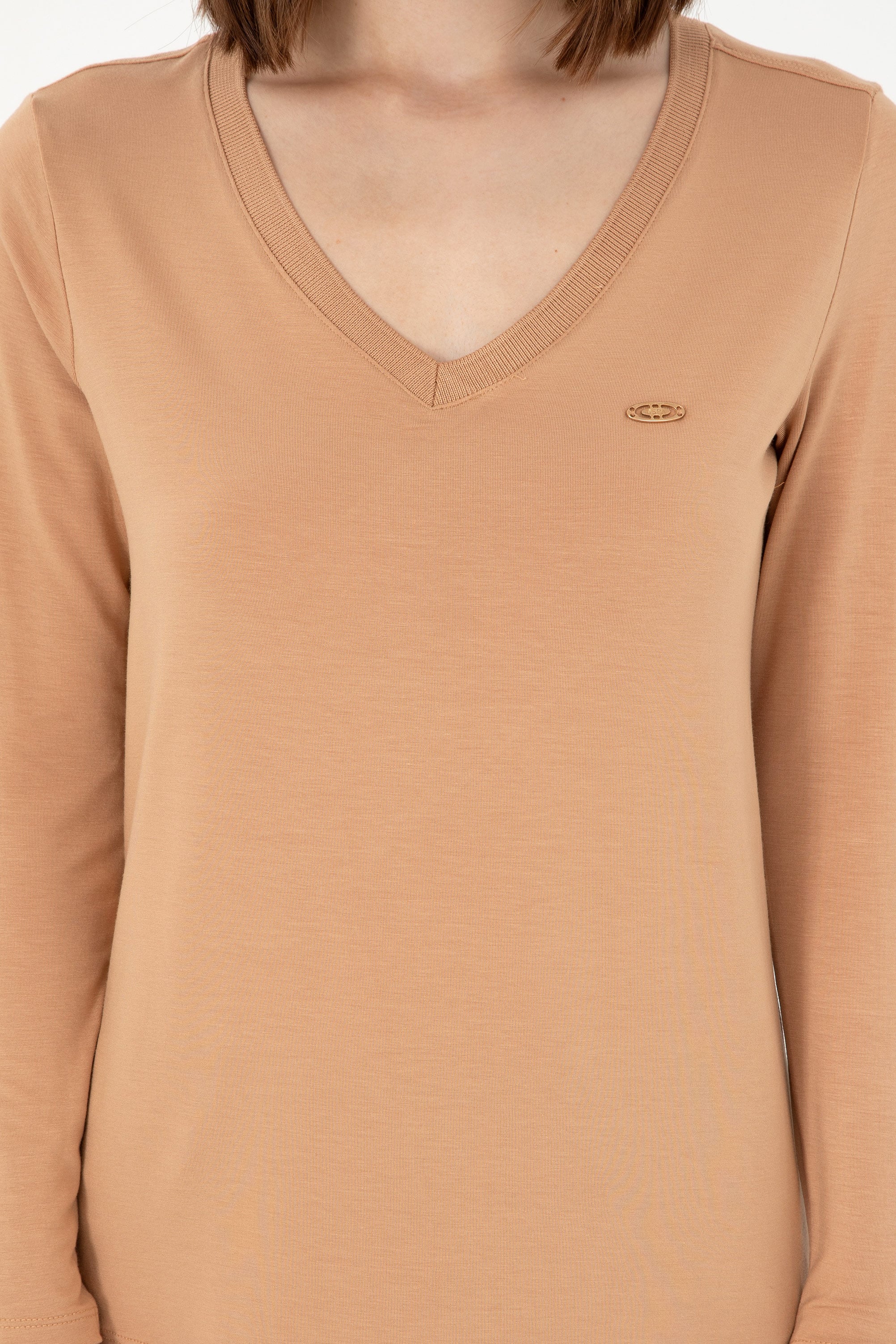 Kadın Camel V Yaka Sweatshirt - Image 6