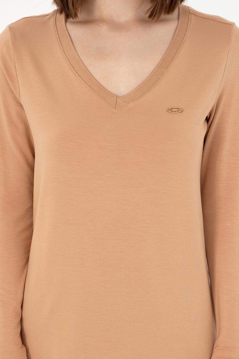 Kadın Camel V Yaka Sweatshirt - 50289542128