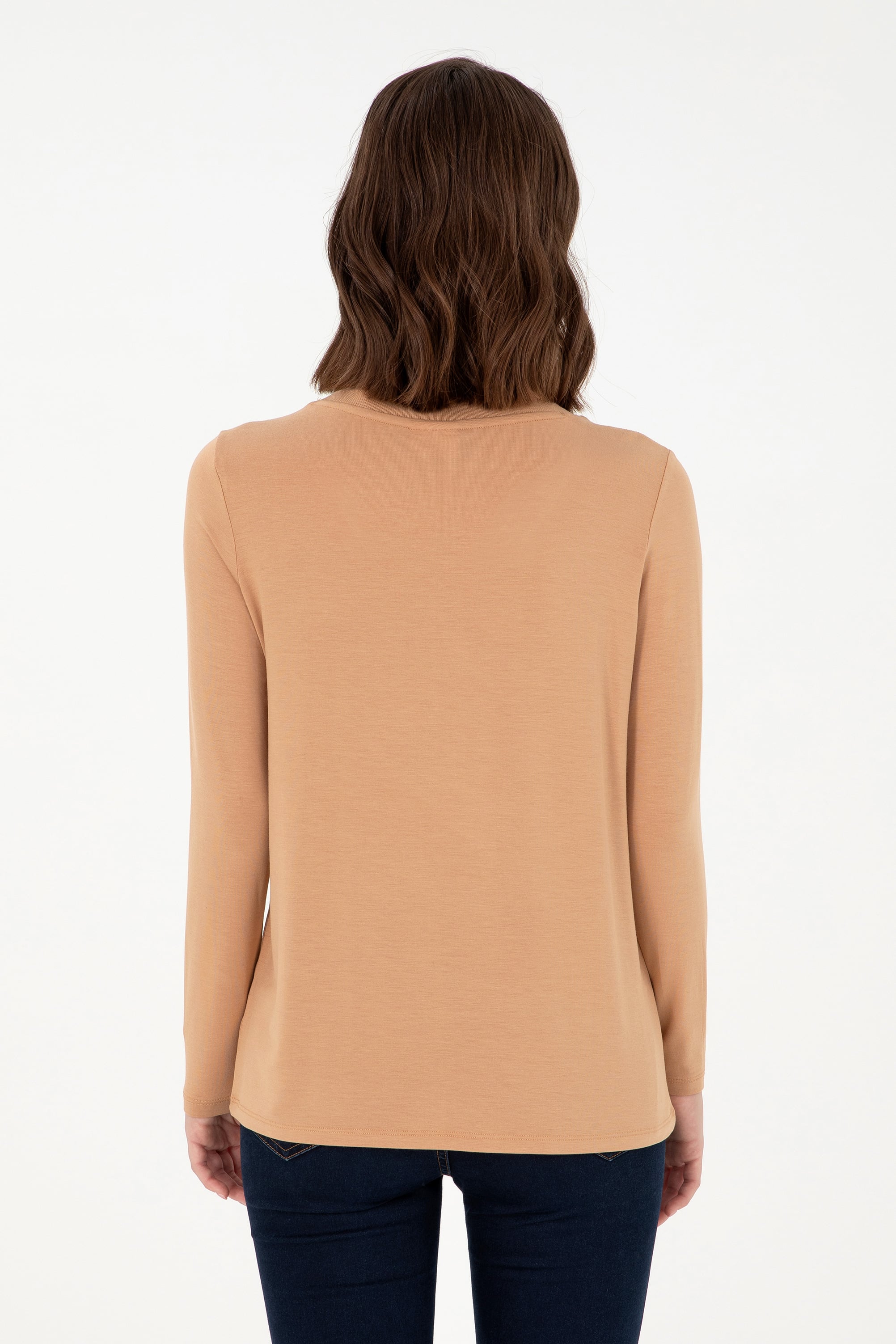 Kadın Camel V Yaka Sweatshirt - Image 5