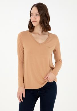 Kadın Camel V Yaka Sweatshirt - 50289542128