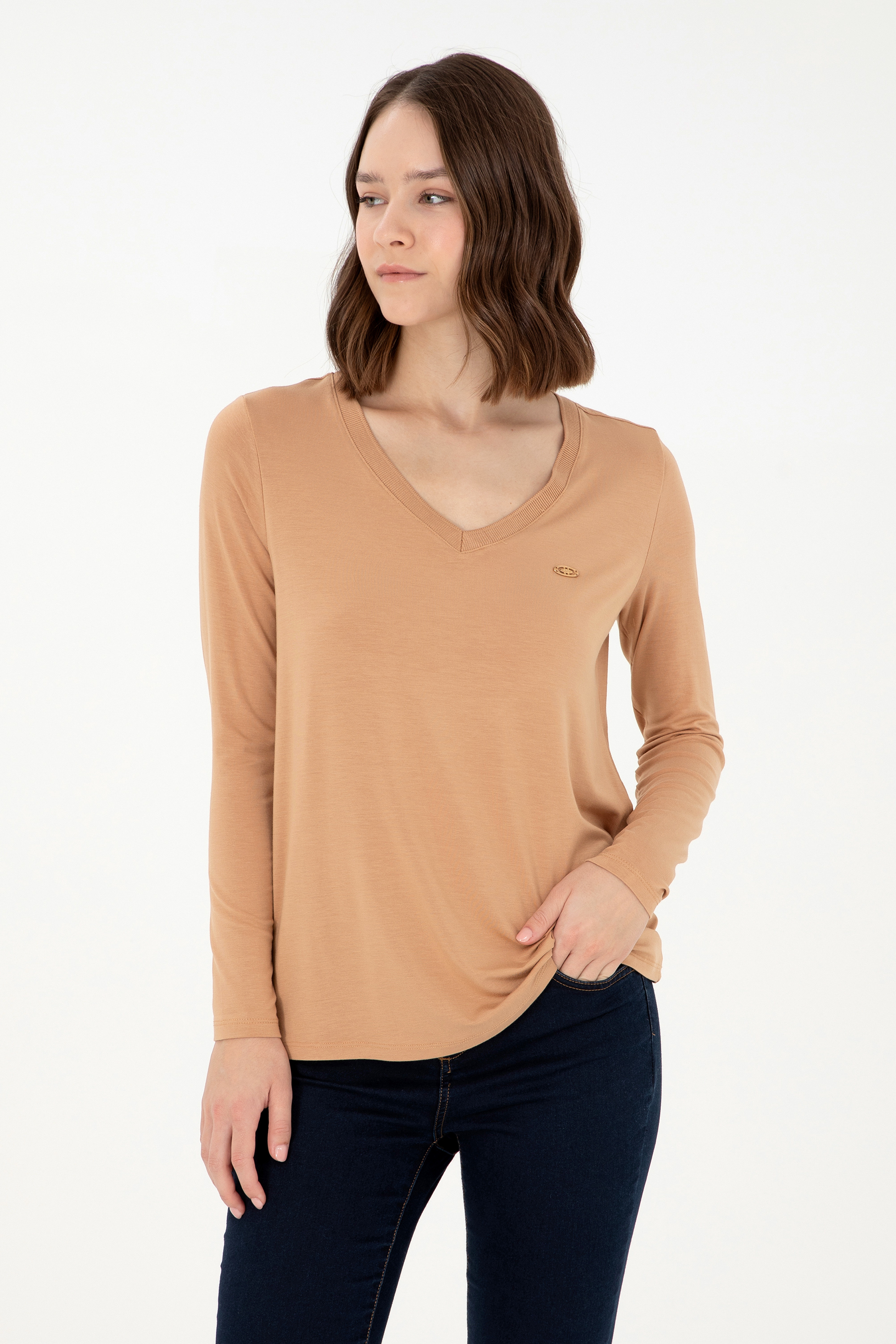 Kadın Camel V Yaka Sweatshirt - Image 1