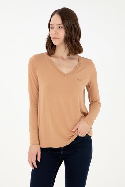 Kadın Camel V Yaka Sweatshirt