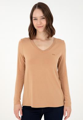 Kadın Camel V Yaka Sweatshirt - 50289542128