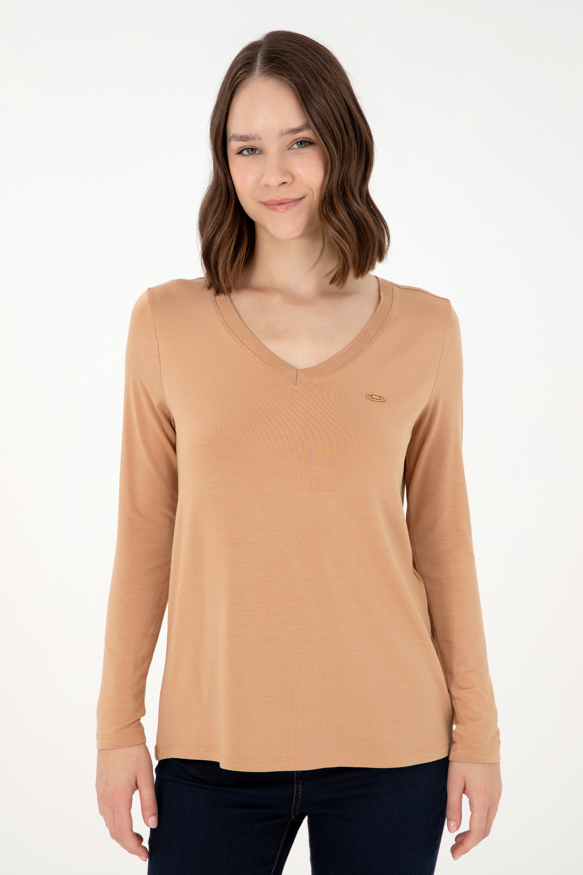 Kadın Camel V Yaka Sweatshirt - Image 3