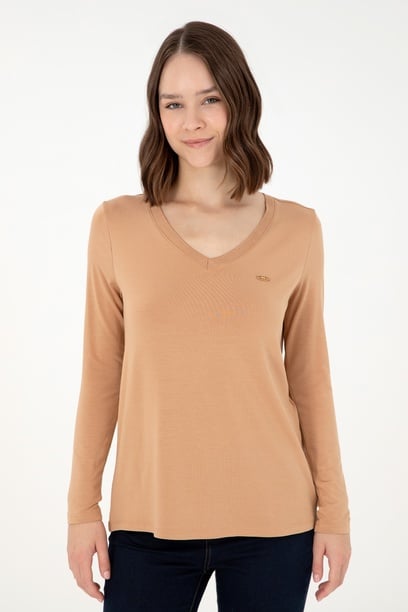 Kadın Camel V Yaka Sweatshirt