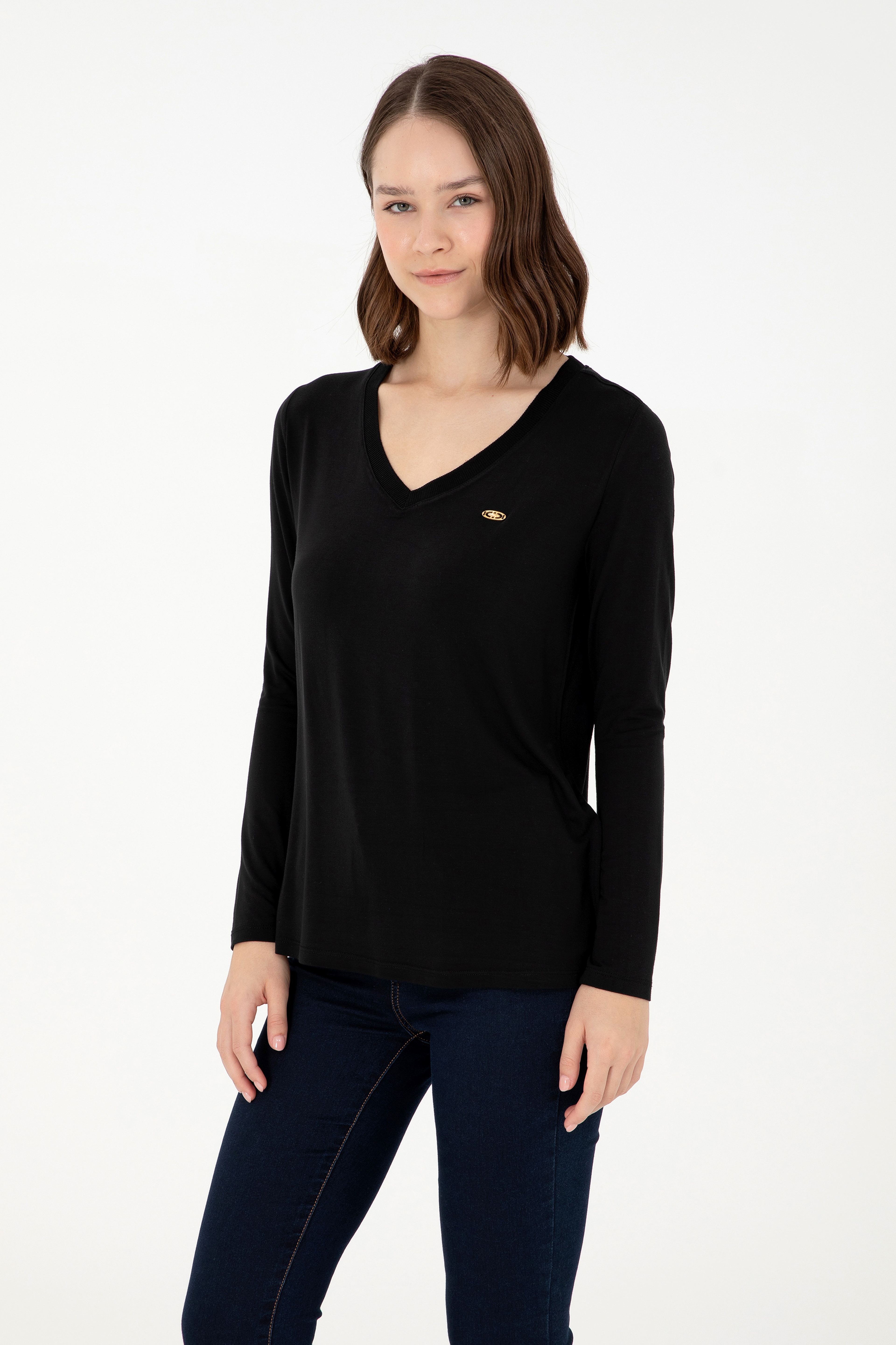 Kadın Siyah V Yaka Sweatshirt - Image 3