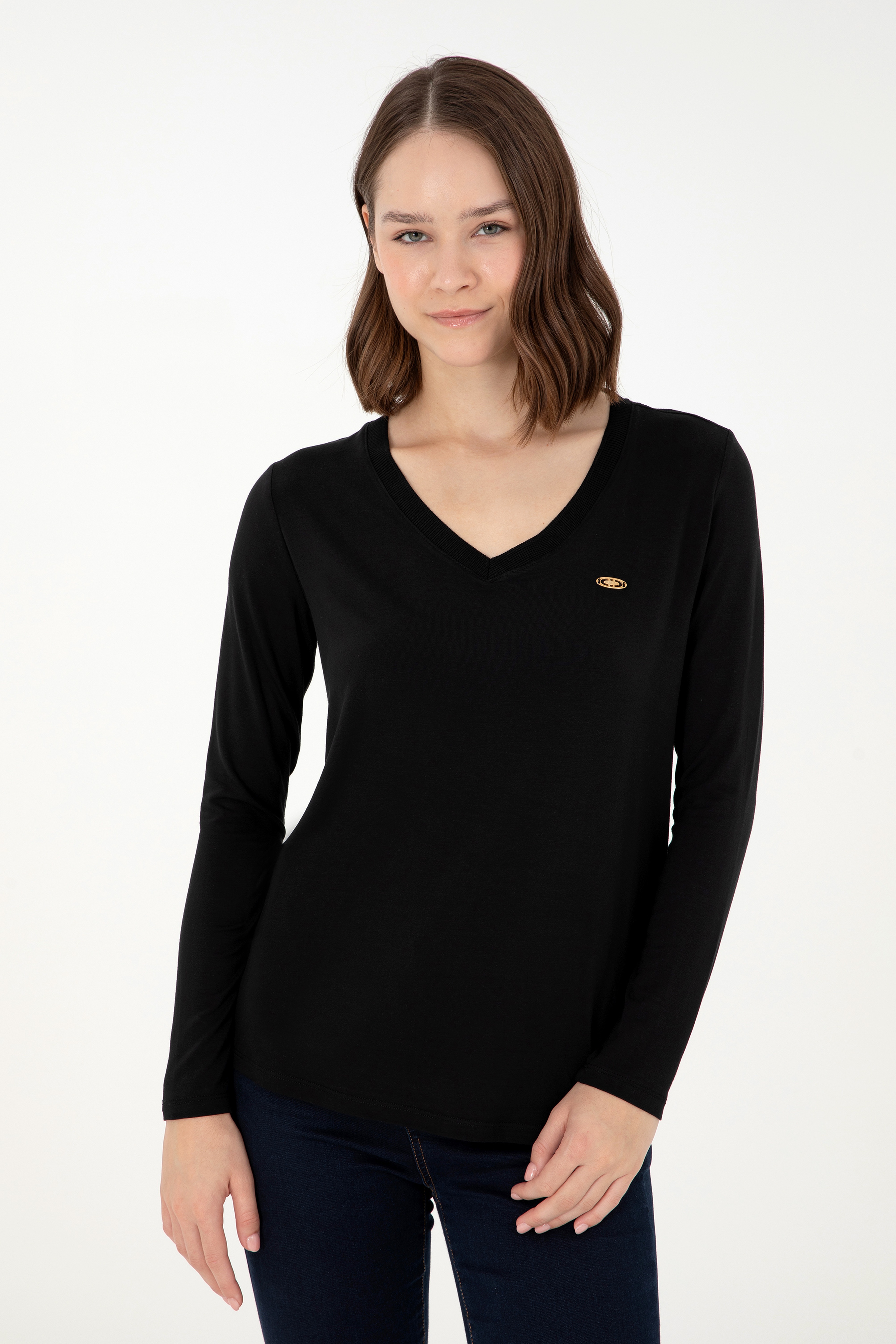 Kadın Siyah V Yaka Sweatshirt - Image 1