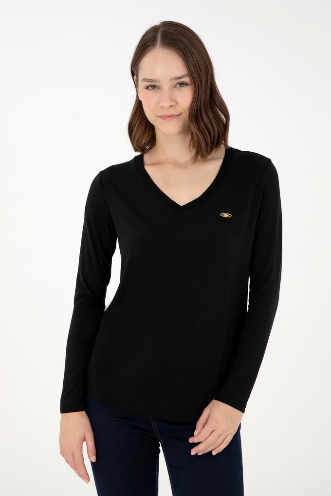 Kadın Siyah V Yaka Sweatshirt