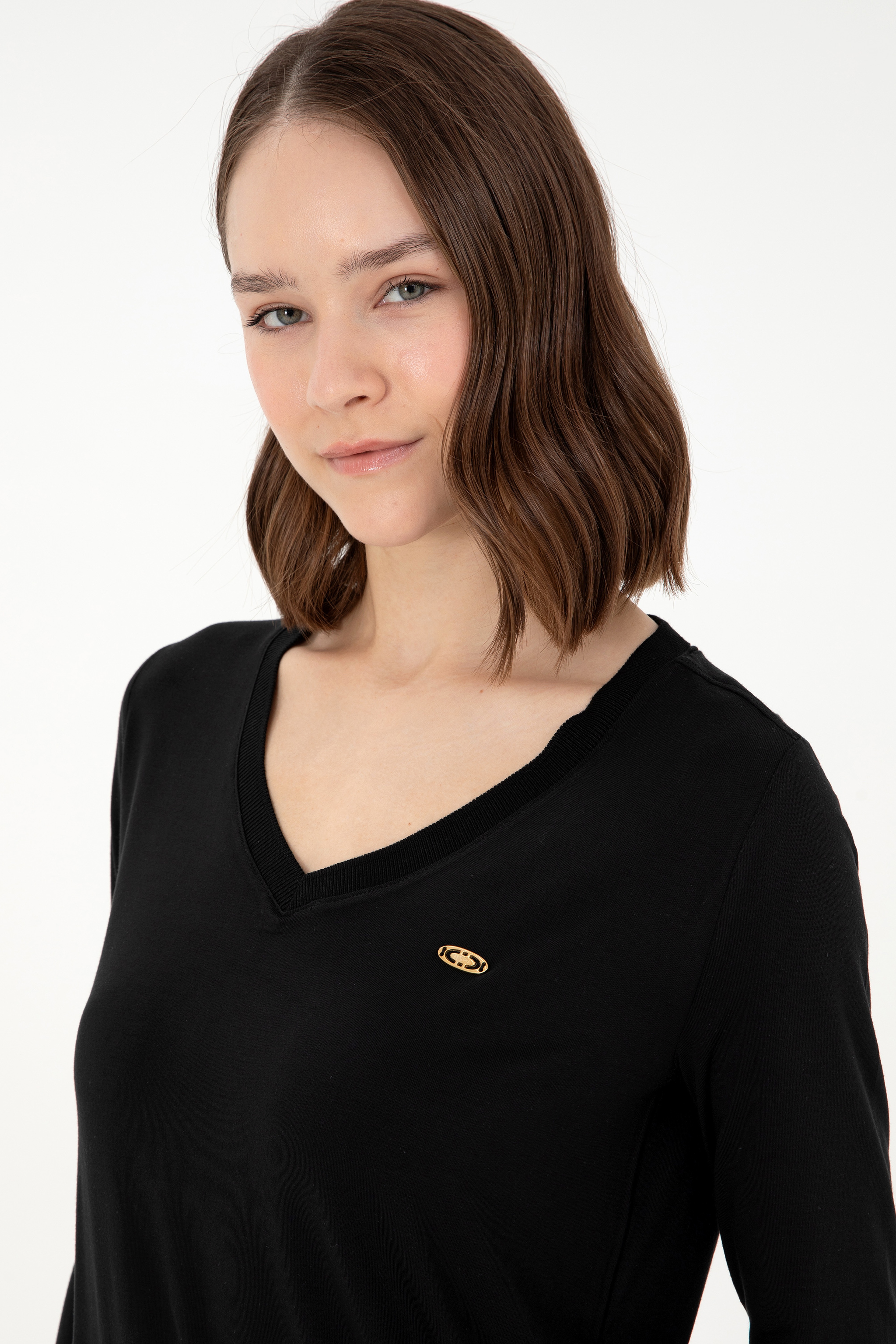 Kadın Siyah V Yaka Sweatshirt