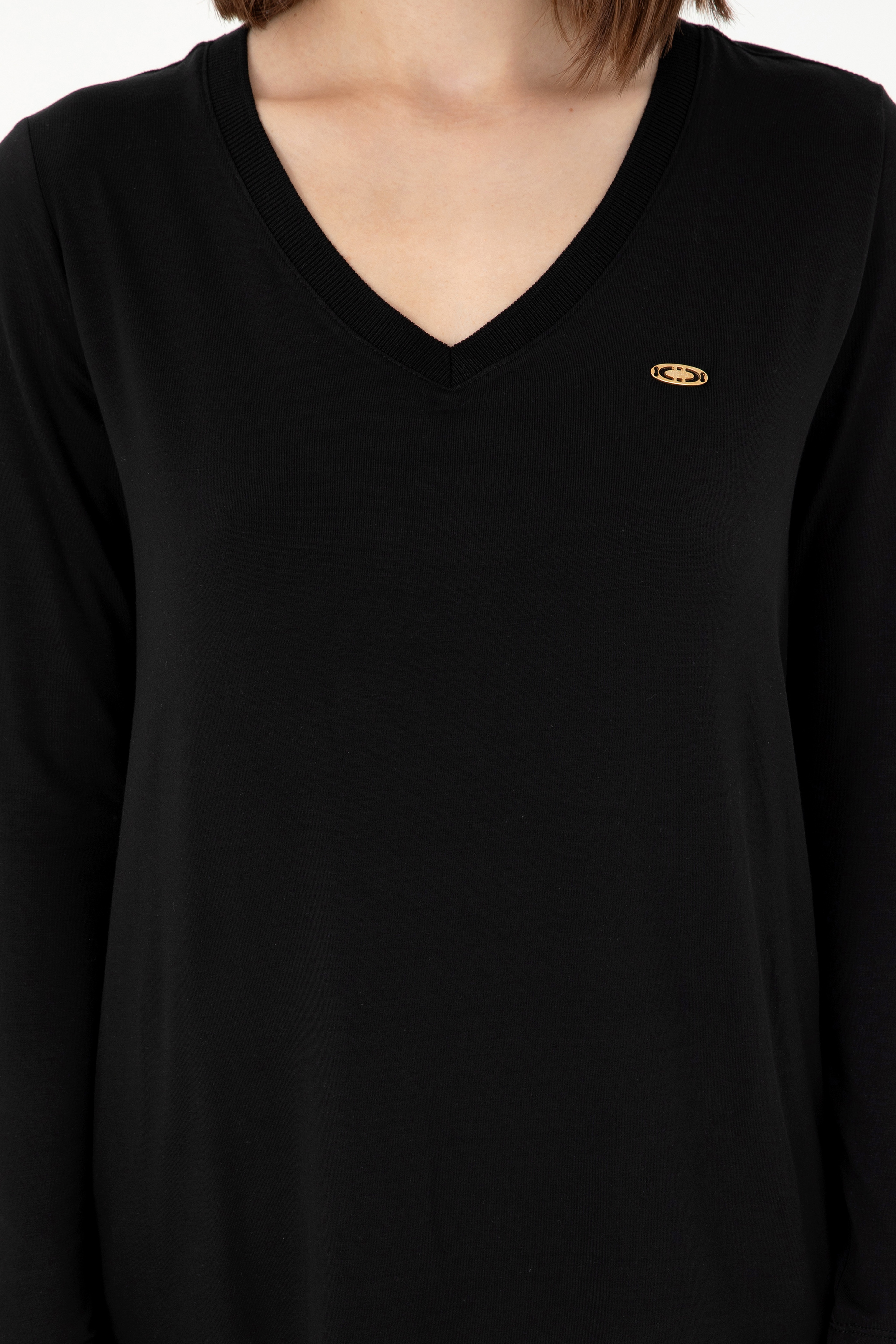 Kadın Siyah V Yaka Sweatshirt - Image 6