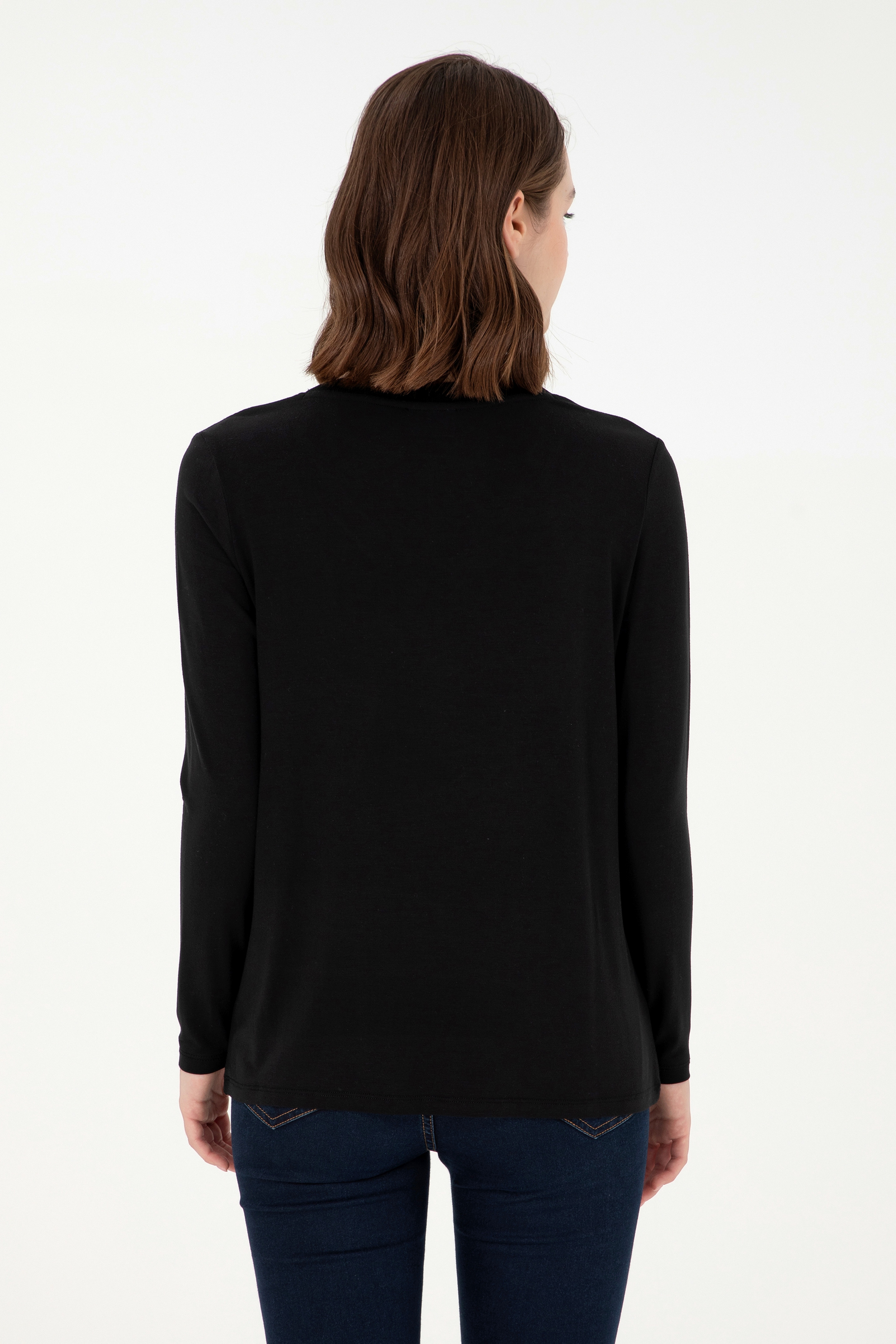 Kadın Siyah V Yaka Sweatshirt