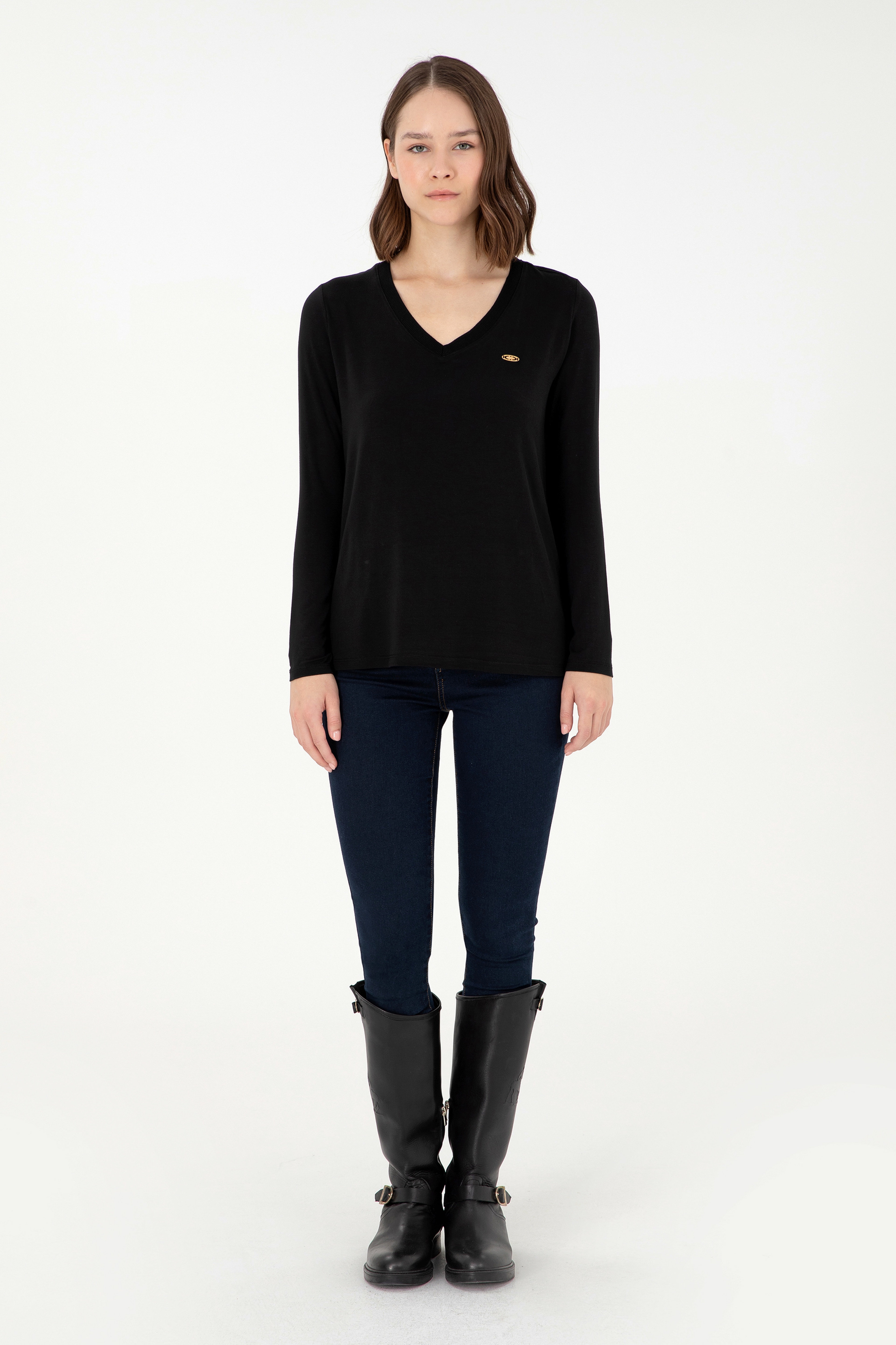 Kadın Siyah V Yaka Sweatshirt - Image 4