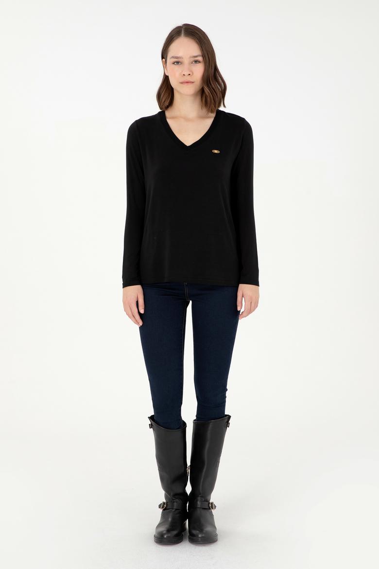 Kadın Siyah V Yaka Sweatshirt - 50289542006