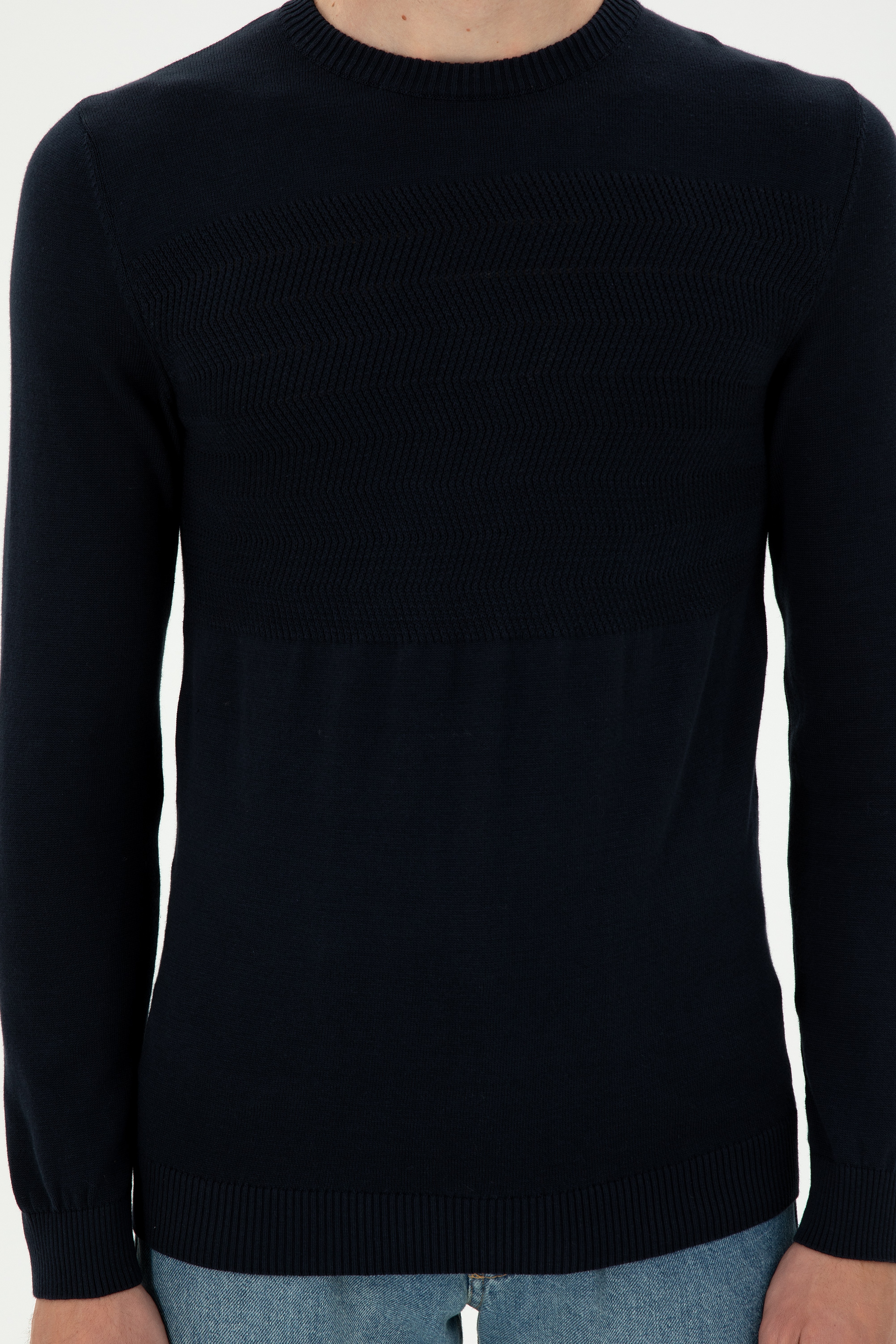 Erkek Slim Fit Bisiklet Yaka Lacivert Kazak - Image 6