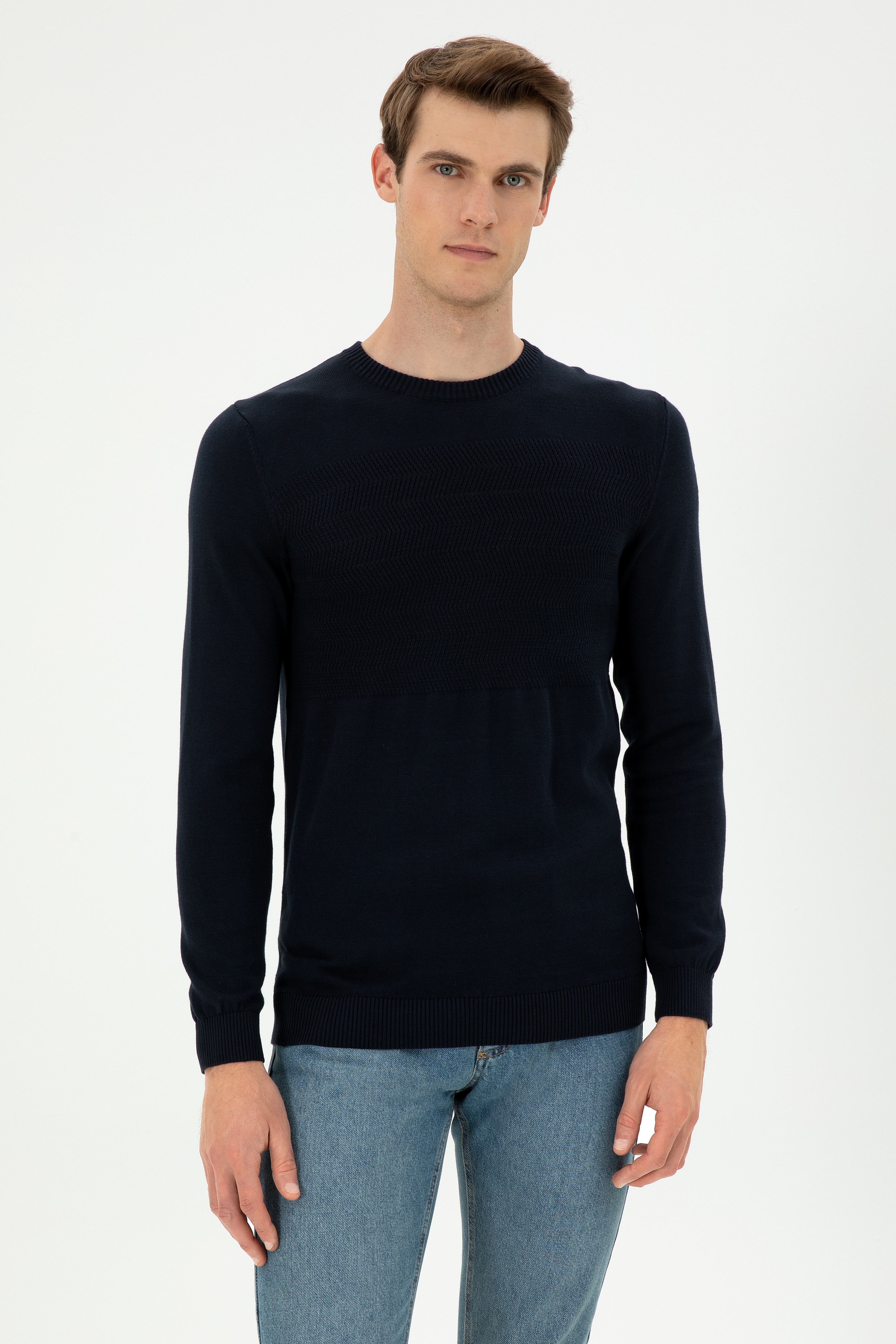 Erkek Slim Fit Bisiklet Yaka Lacivert Kazak - Image 1