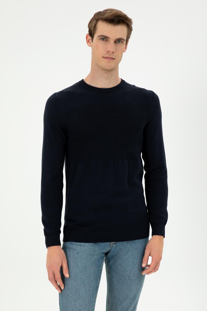 Erkek Slim Fit Bisiklet Yaka Lacivert Kazak