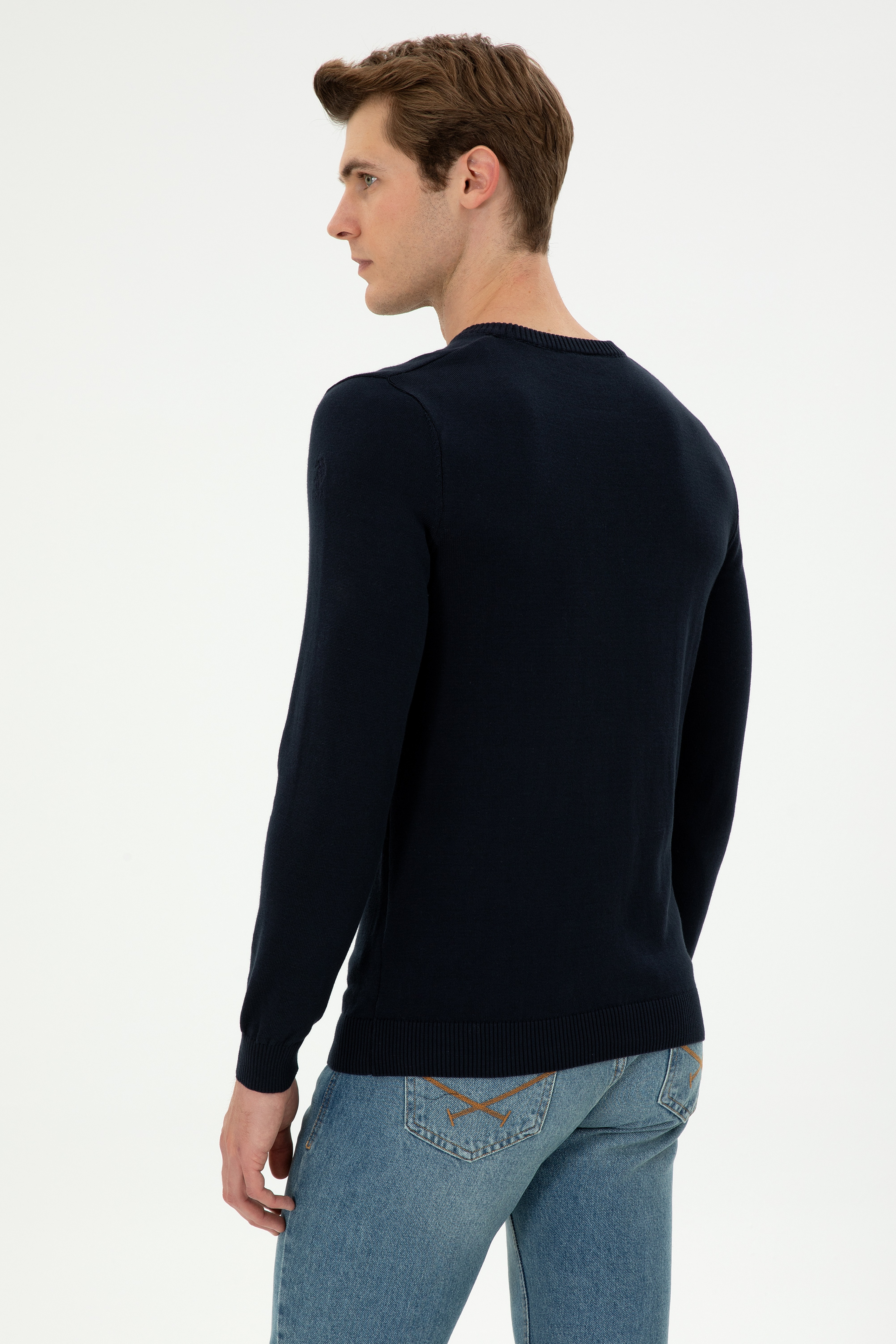 Erkek Slim Fit Bisiklet Yaka Lacivert Kazak - Image 5