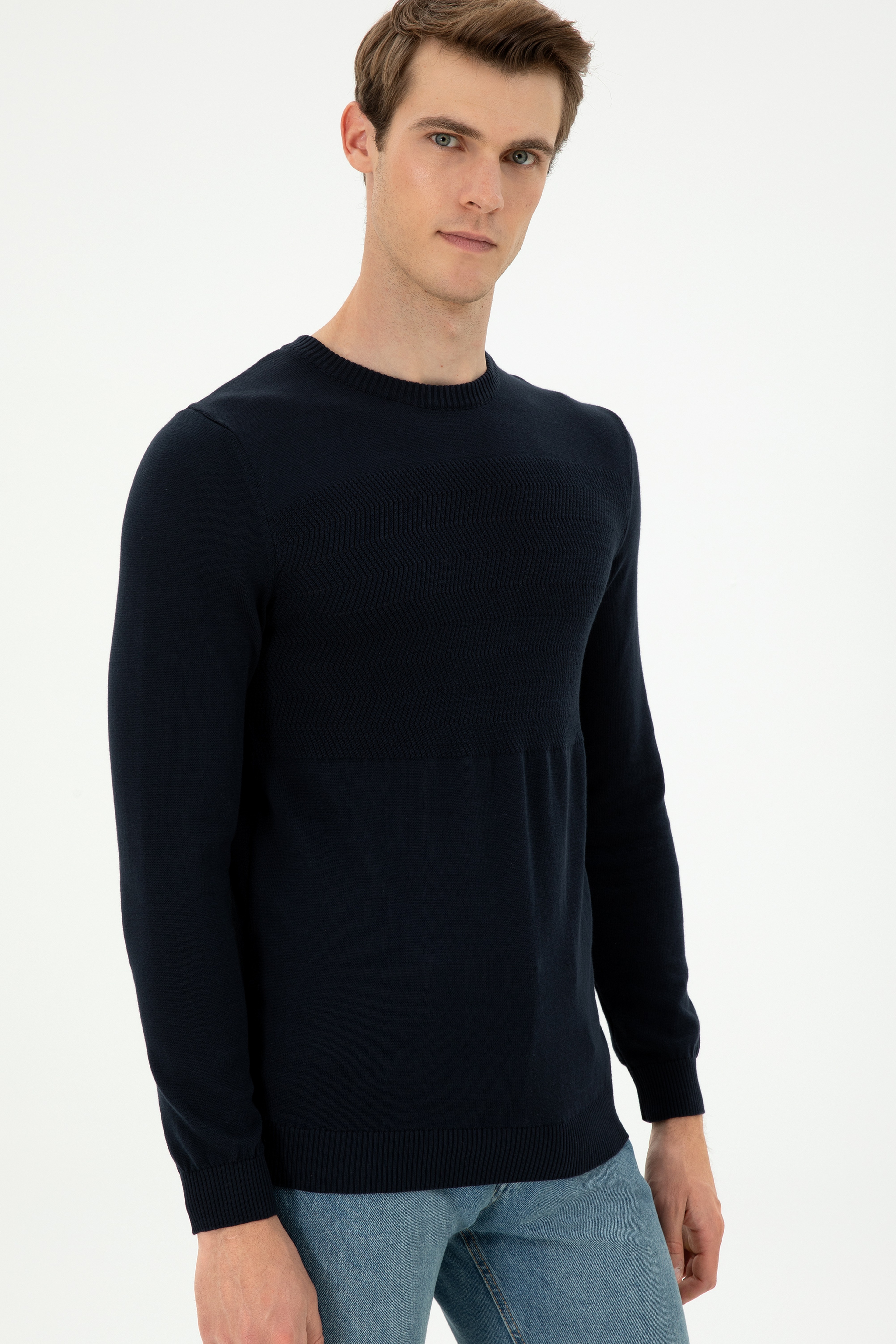 Erkek Slim Fit Bisiklet Yaka Lacivert Kazak