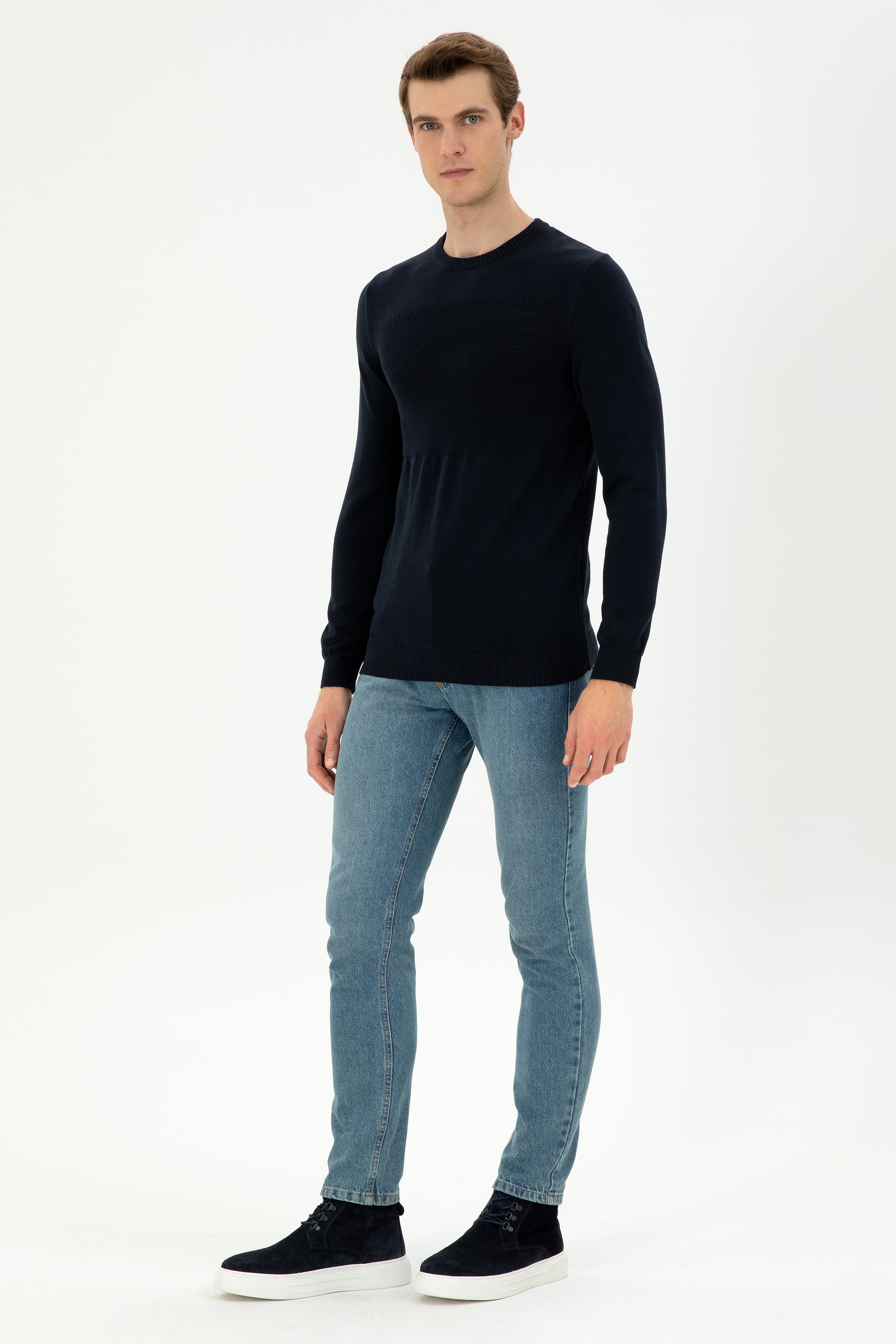 Erkek Slim Fit Bisiklet Yaka Lacivert Kazak - Image 4