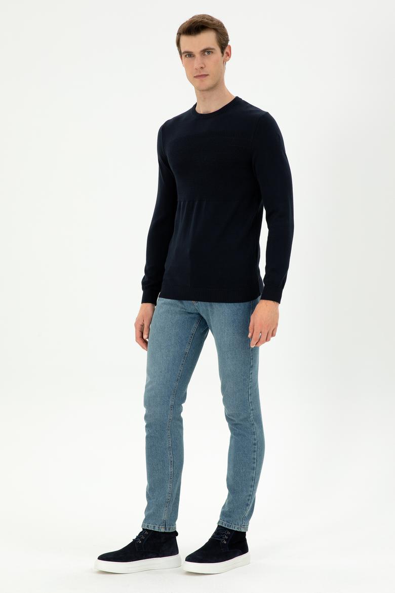 Erkek Slim Fit Bisiklet Yaka Lacivert Kazak - 50292876033