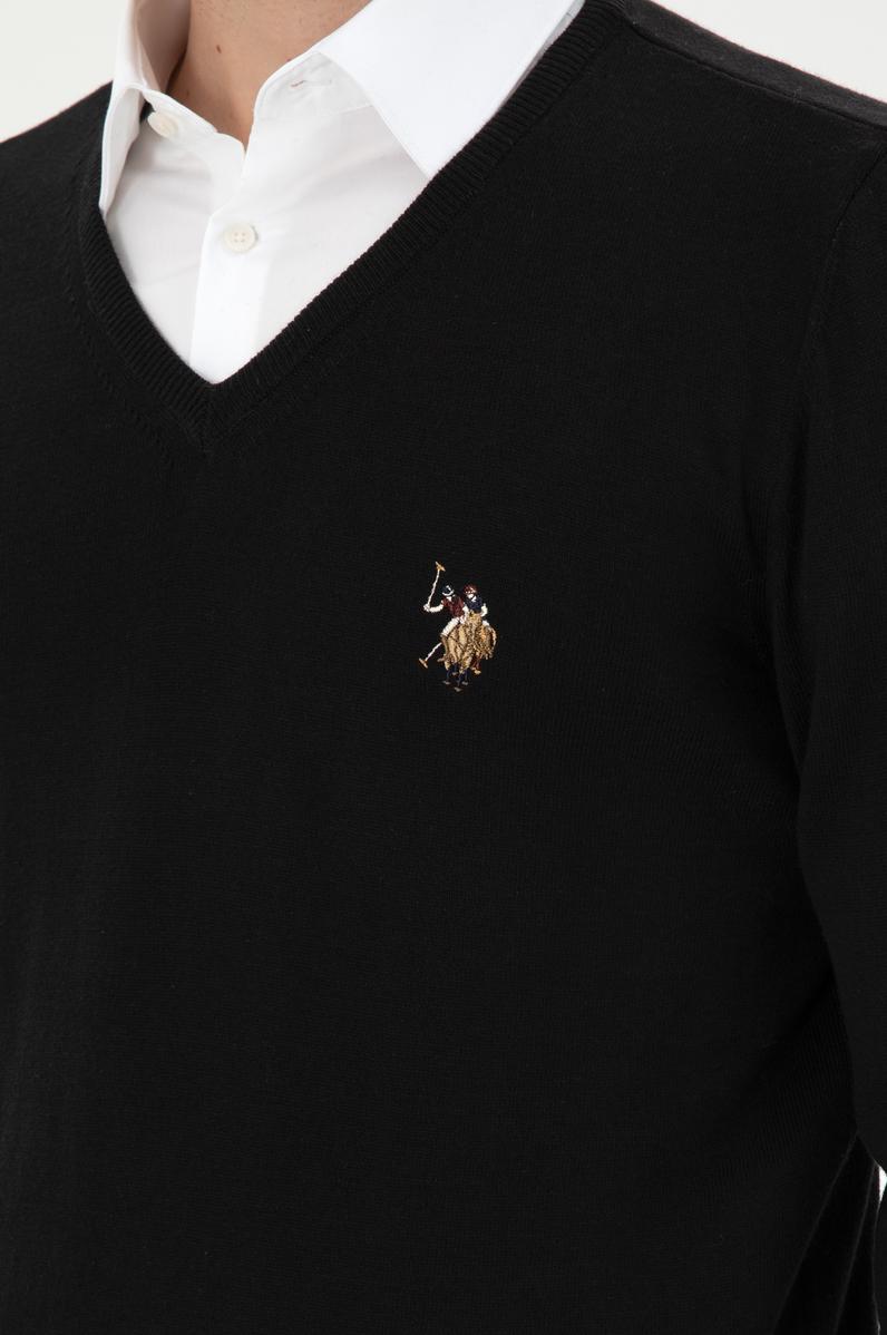 Erkek Slim Fit V Yaka Siyah Basic Kazak