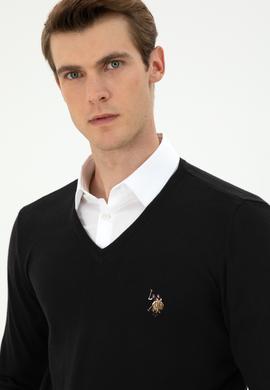 Erkek Slim Fit V Yaka Siyah Basic Kazak - 50288885033