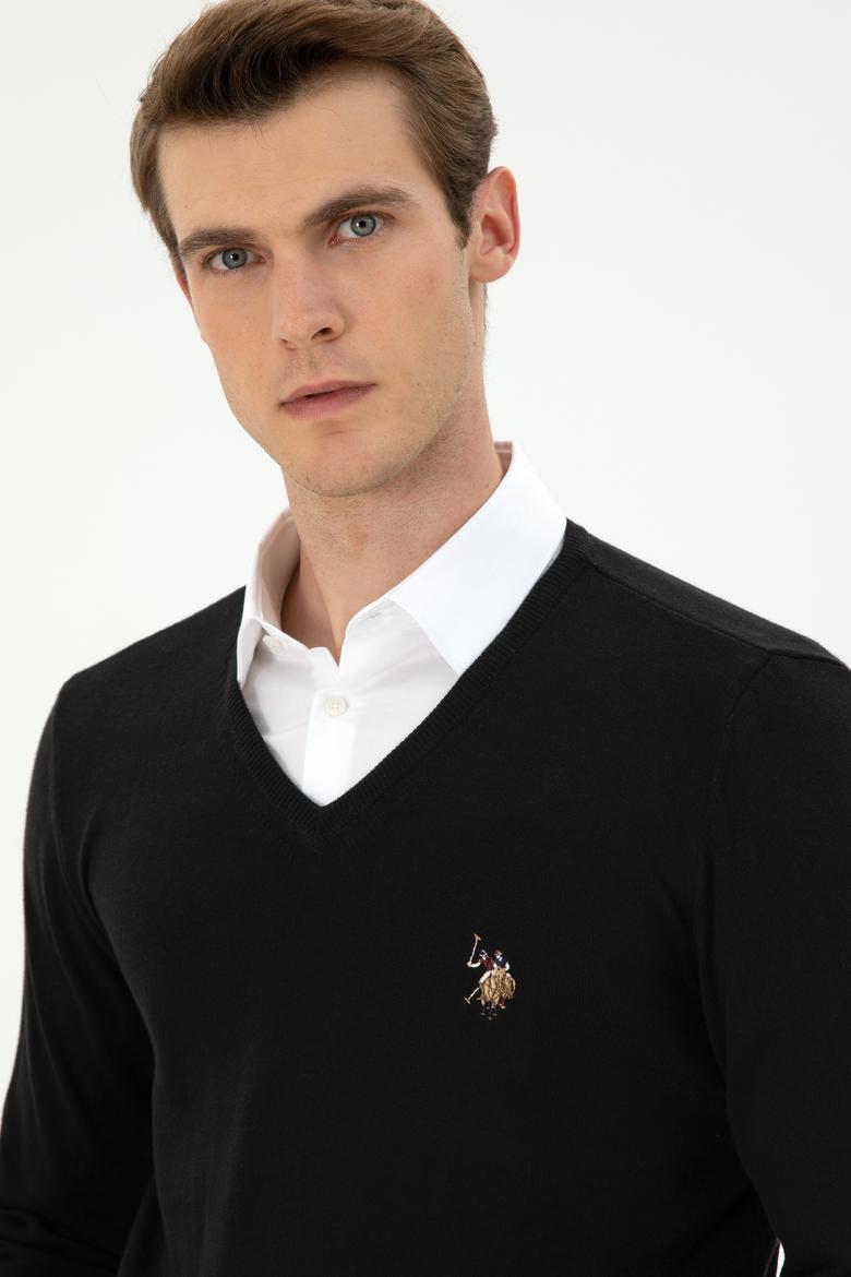 Erkek Slim Fit V Yaka Siyah Basic Kazak - 50288885033