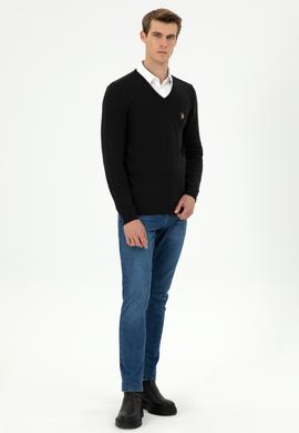 Erkek Slim Fit V Yaka Siyah Basic Kazak - 50288885033