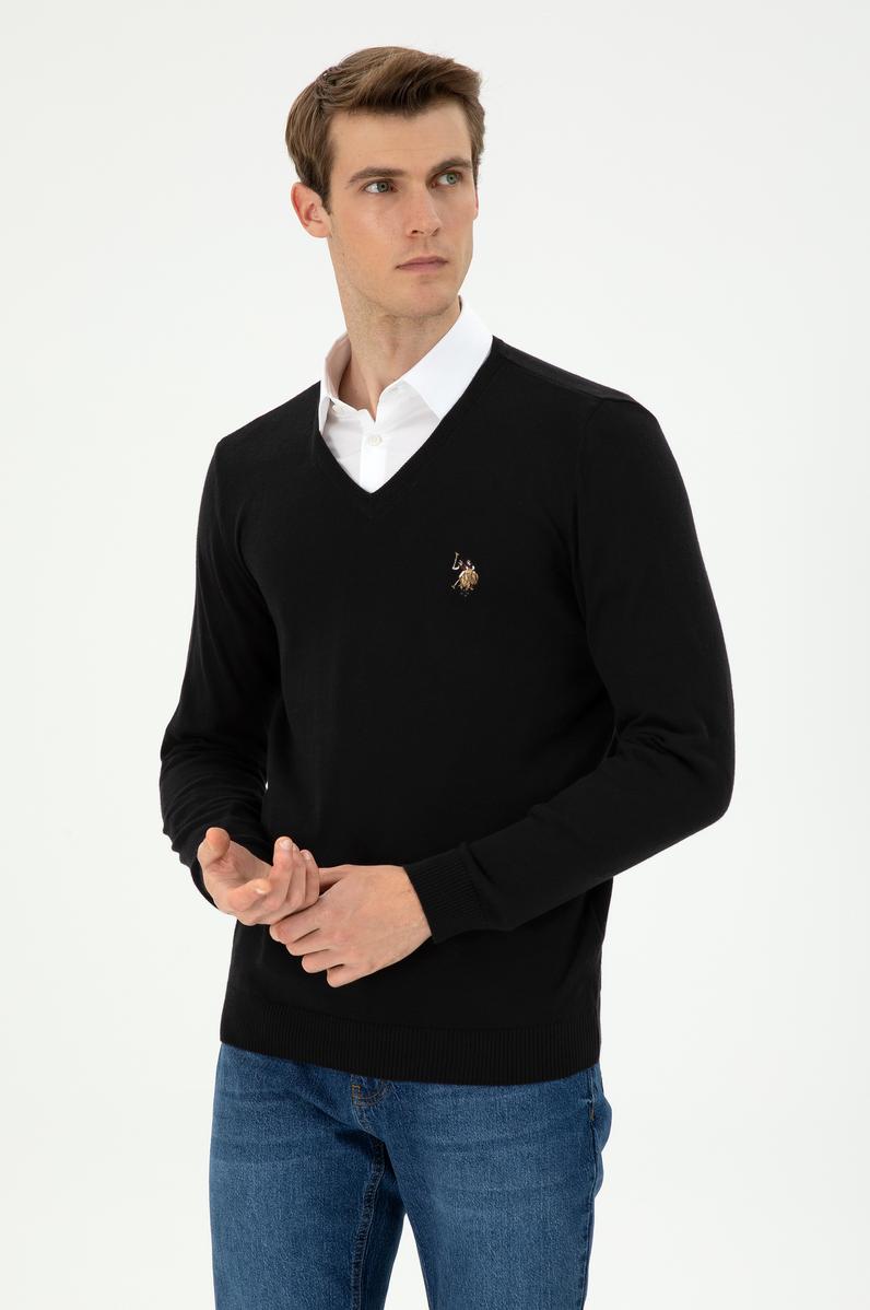 Erkek Slim Fit V Yaka Siyah Basic Kazak