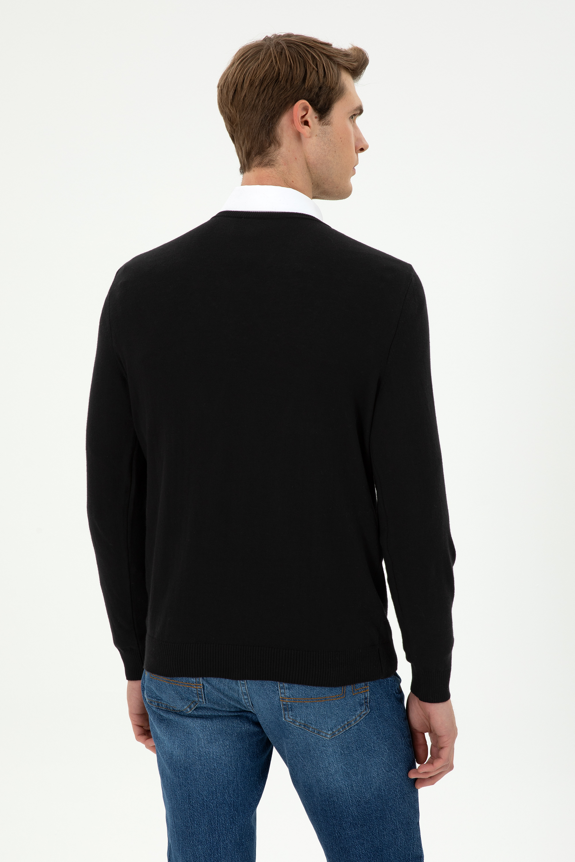 Erkek Slim Fit V Yaka Siyah Basic Kazak