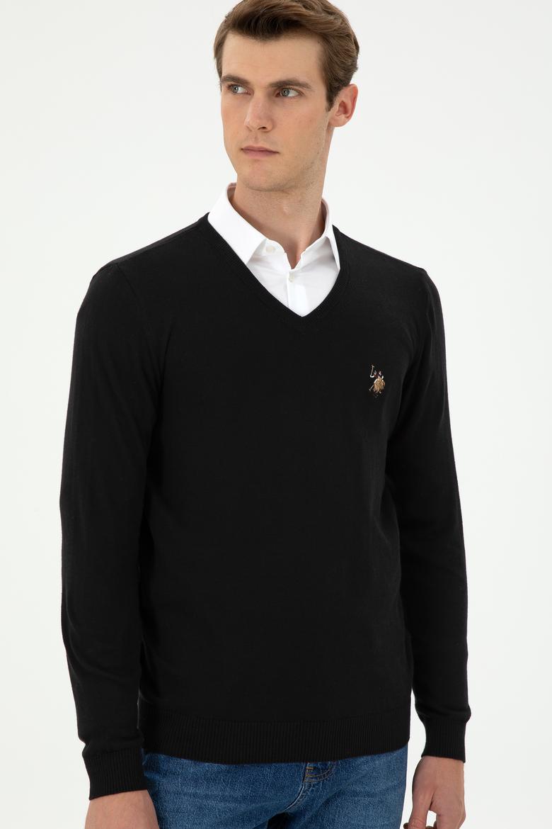 Erkek Slim Fit V Yaka Siyah Basic Kazak - 50288885033