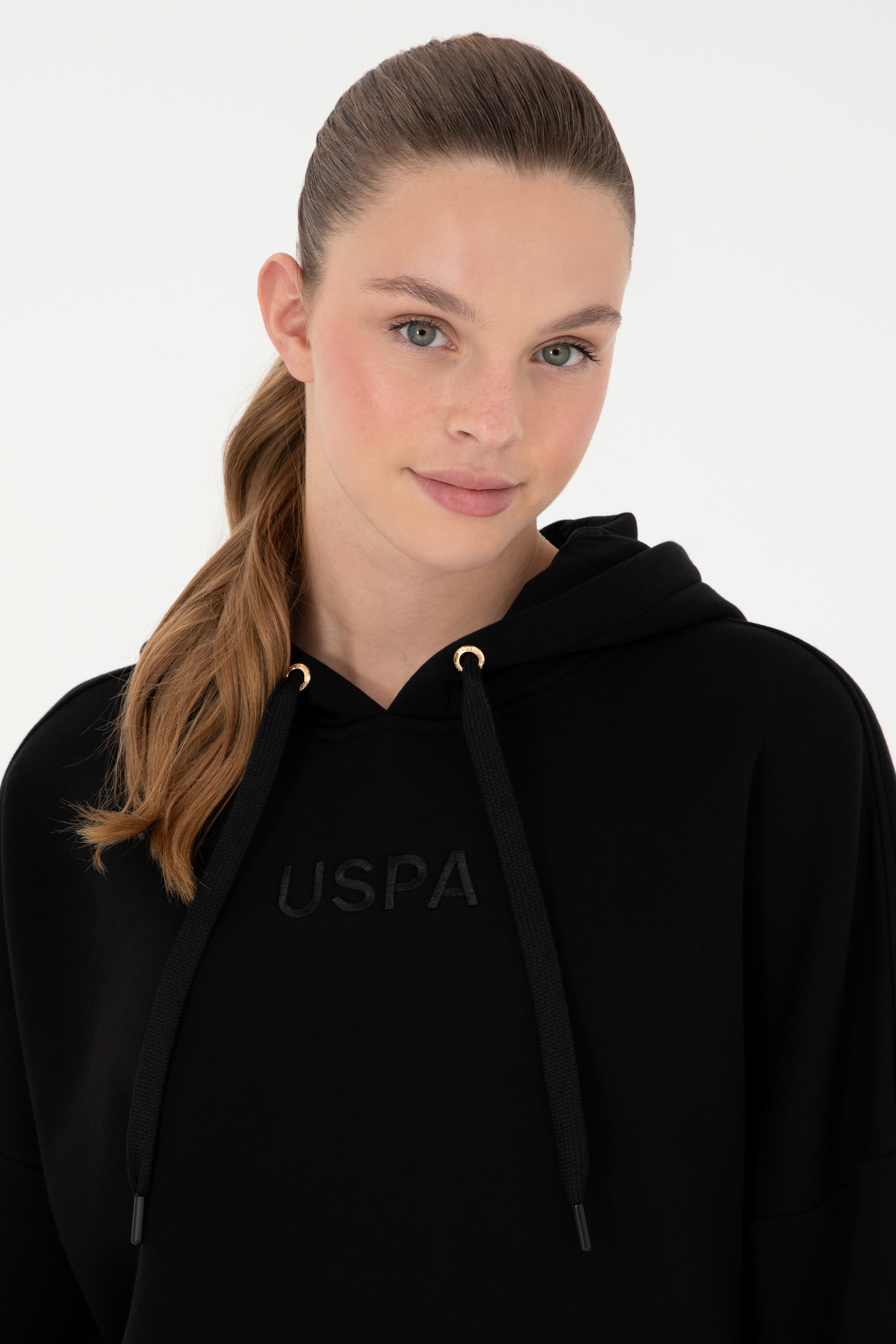 Kadın Siyah Kapüşonlu Sweatshirt - Image 2