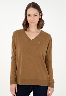 Kadın Koyu Haki Melanj V Yaka Basic Kazak - 50293543053