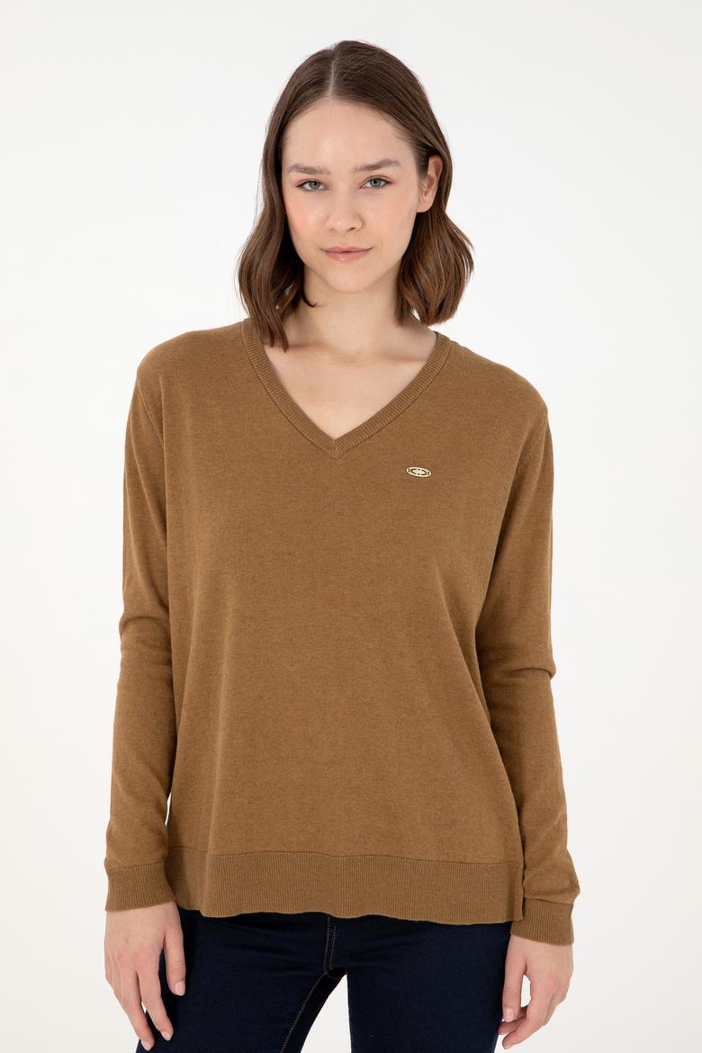 Kadın Koyu Haki Melanj V Yaka Basic Kazak - 50293543053