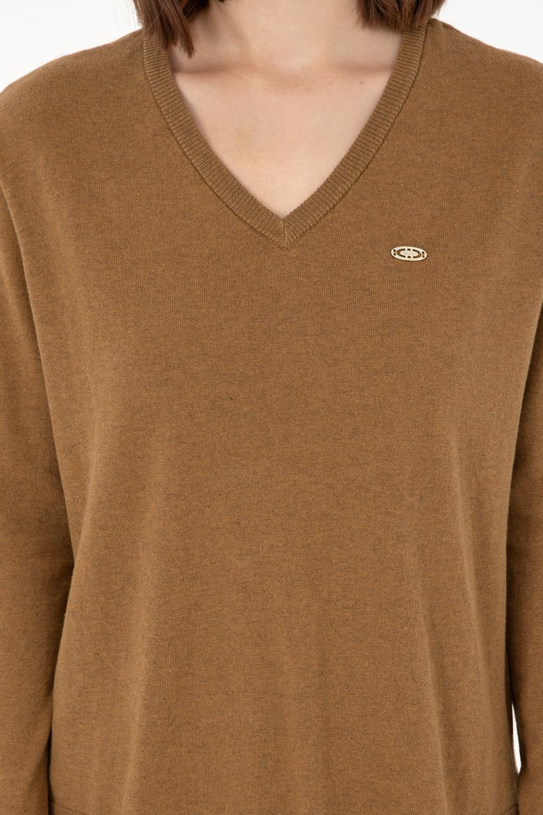 Kadın Koyu Haki Melanj V Yaka Basic Kazak - 50293543053