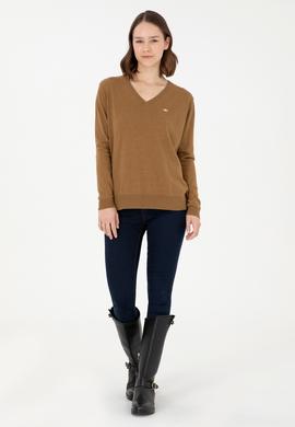 Kadın Koyu Haki Melanj V Yaka Basic Kazak - 50293543053