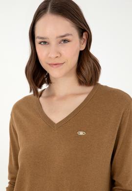 Kadın Koyu Haki Melanj V Yaka Basic Kazak - 50293543053