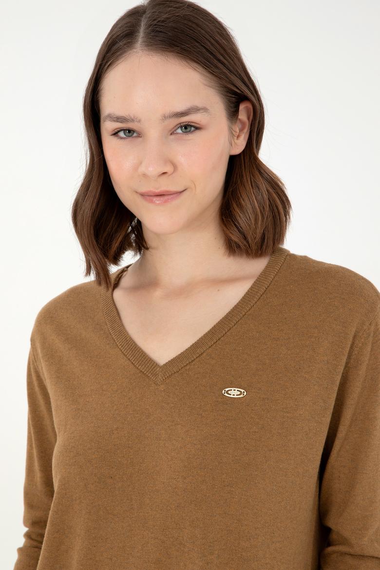 Kadın Koyu Haki Melanj V Yaka Basic Kazak - 50293543053