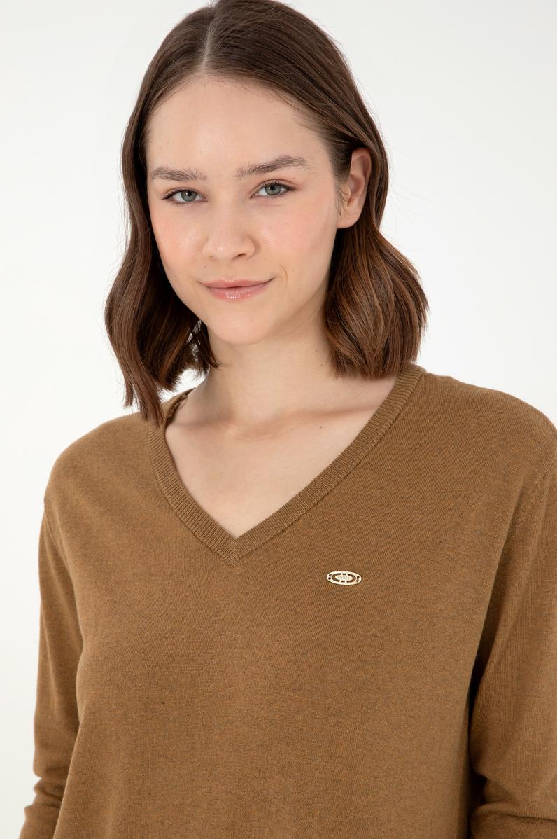 Kadın Koyu Haki Melanj V Yaka Basic Kazak