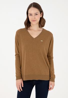 Kadın Koyu Haki Melanj V Yaka Basic Kazak - 50293543053