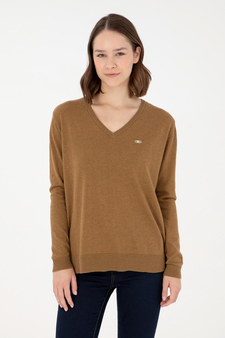 Kadın Koyu Haki Melanj V Yaka Basic Kazak