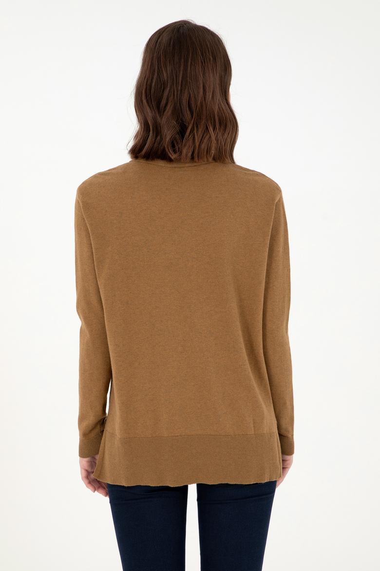 Kadın Koyu Haki Melanj V Yaka Basic Kazak - 50293543053