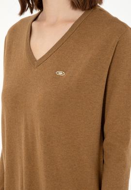 Kadın Koyu Haki Melanj V Yaka Basic Kazak - 50293543053